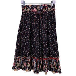Vintage 70's Prairie Skirt Black/Multicolor Floral Ruffled CottageCore Size 13